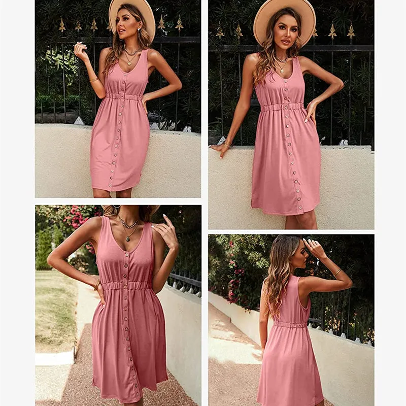 Women's V-Neck Sleeveless Button Elastic Waist Casual Dress