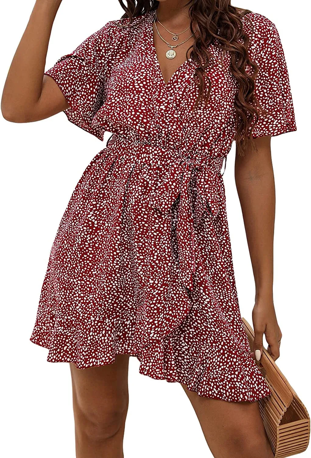 Women's Wrap Ruffle A Line Mini Dress with Belt