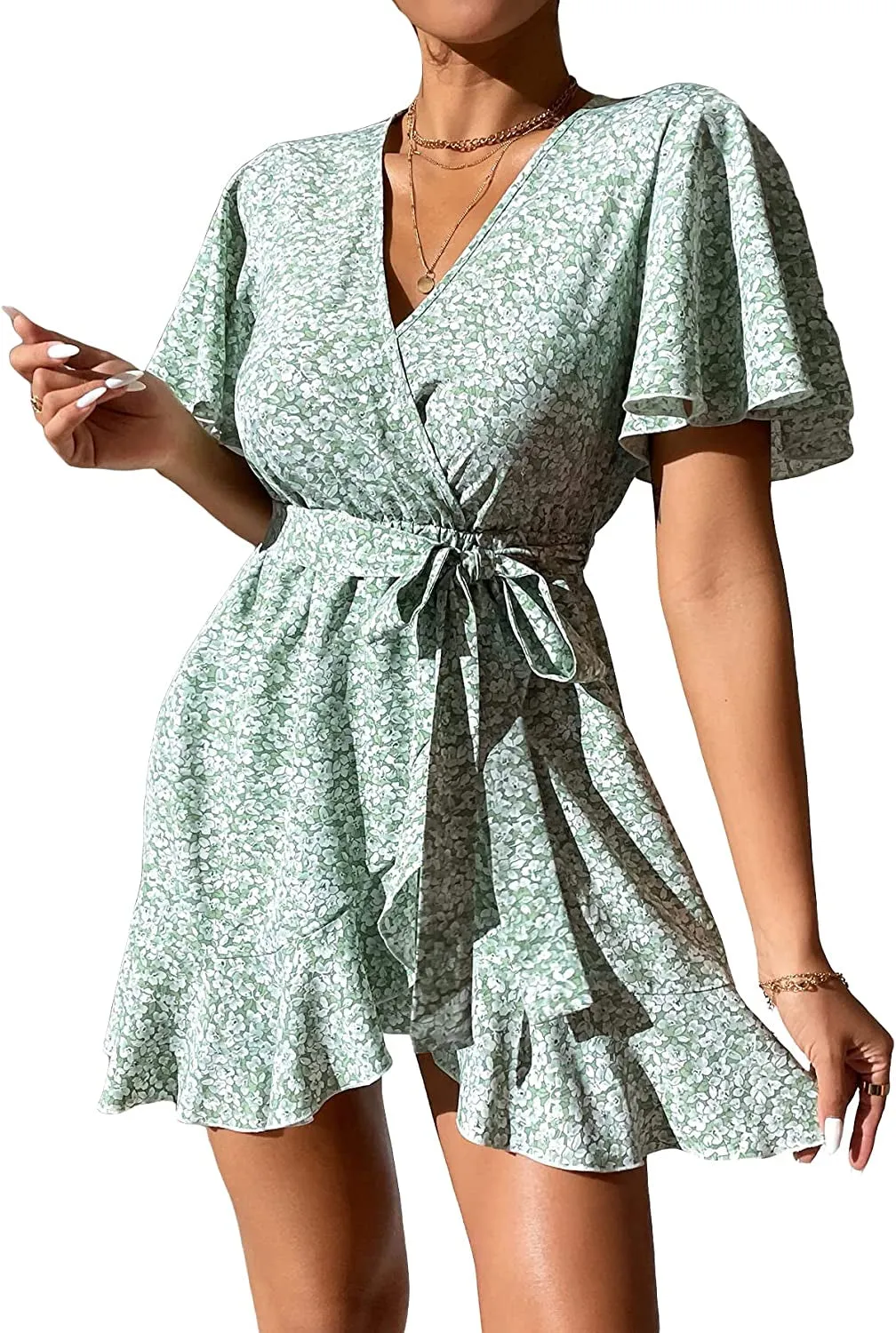 Women's Wrap Ruffle A Line Mini Dress with Belt