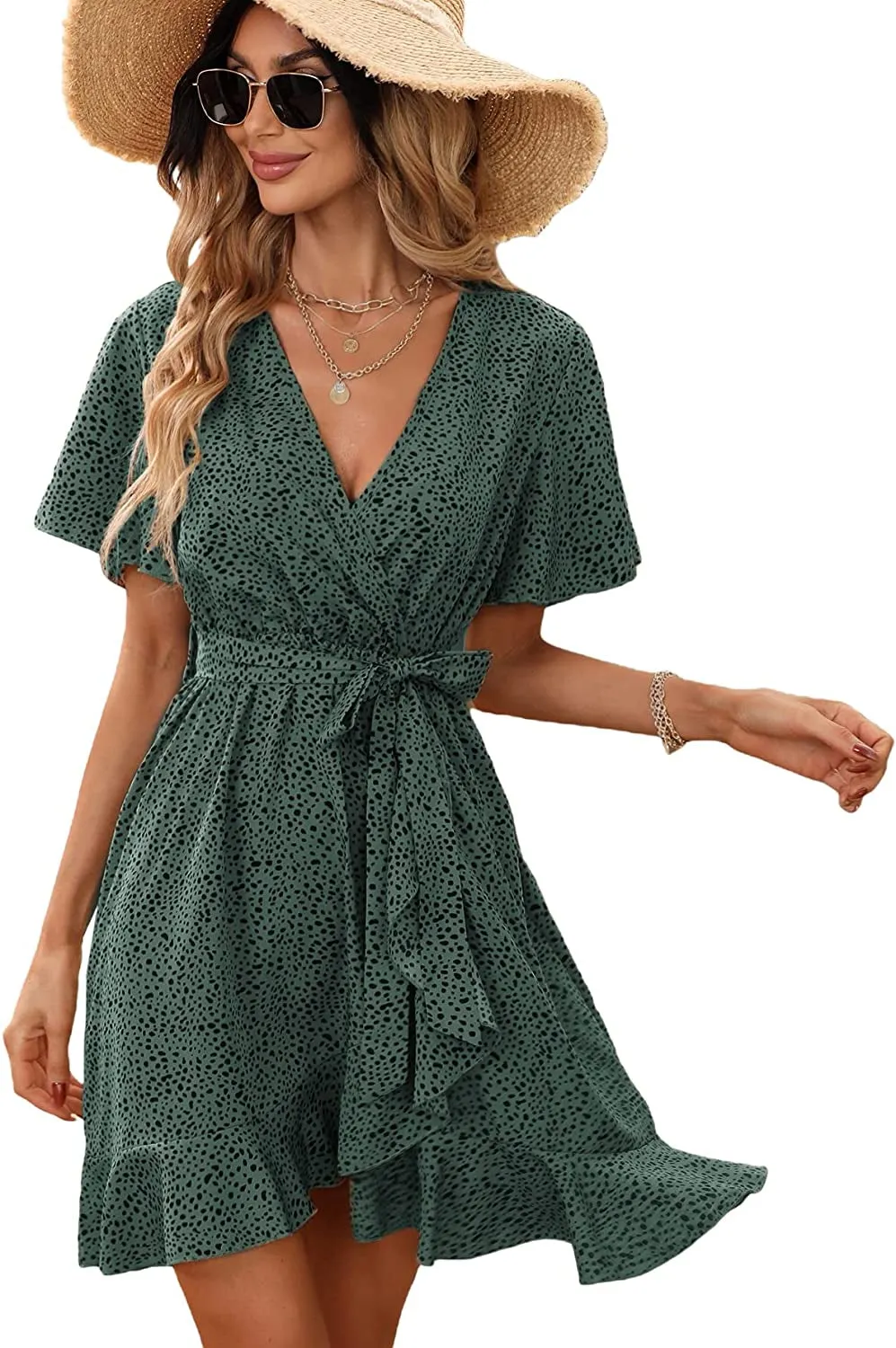 Women's Wrap Ruffle A Line Mini Dress with Belt