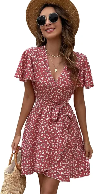 Women's Wrap Ruffle A Line Mini Dress with Belt