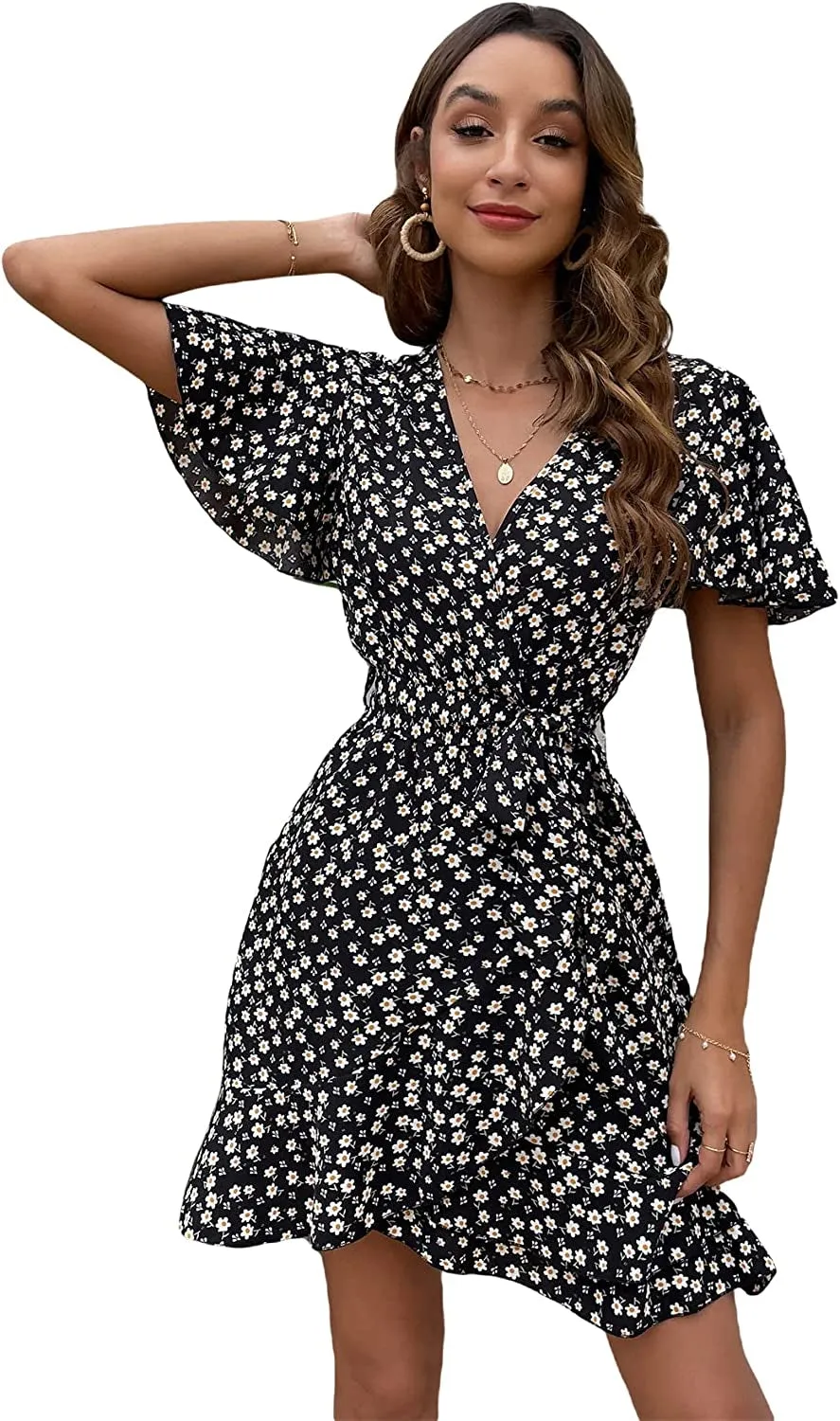 Women's Wrap Ruffle A Line Mini Dress with Belt