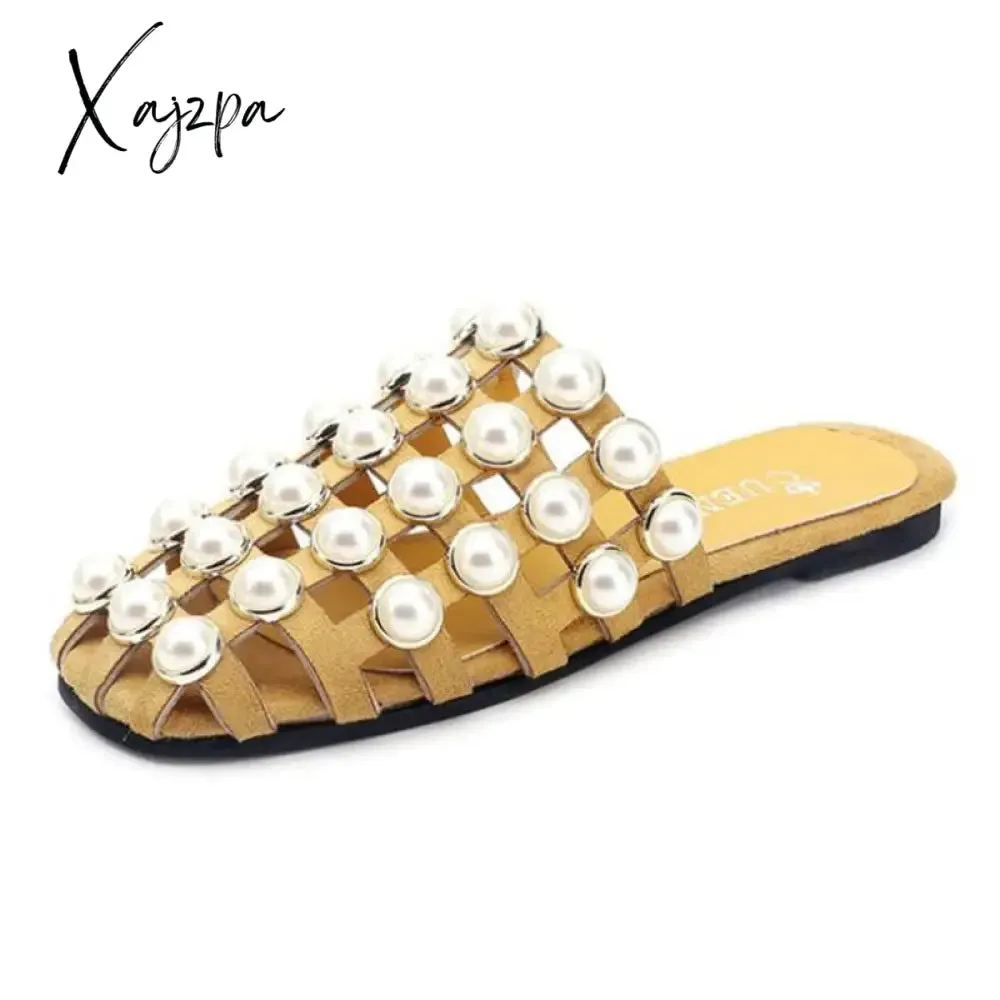 Xajzpa - Fashion Summer Beach shoes Pearl Sandals thin Belt Roman Flat Women Flip Flops Casual Flat Slippers women sandals