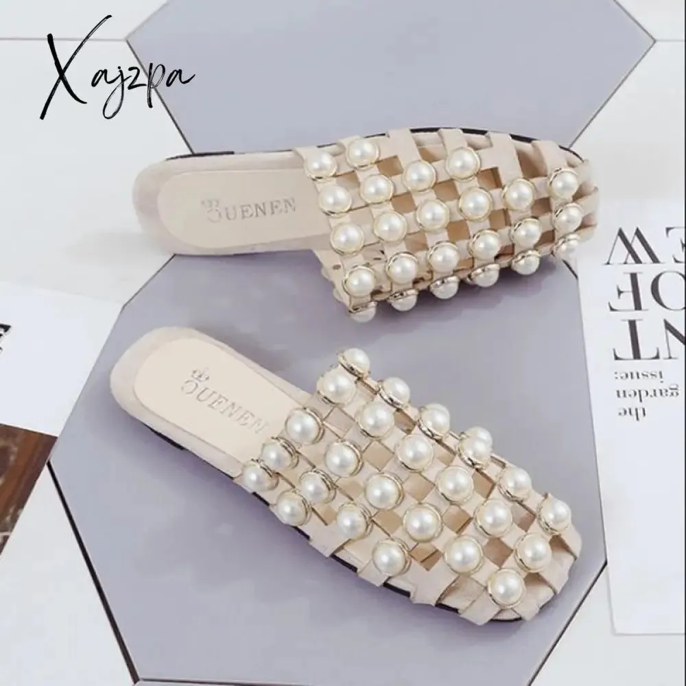 Xajzpa - Fashion Summer Beach shoes Pearl Sandals thin Belt Roman Flat Women Flip Flops Casual Flat Slippers women sandals